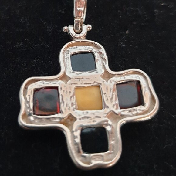 Vintage 1.5’’ Mosaic Baltic Amber Sterling Silver Cross Pendant Necklace - Picture 9 of 11
